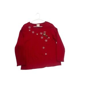 red vintage Christmas sweatshirt,‎ toffee, apple large, cotton, reindeer 
Sequin